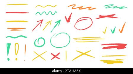 Set of crayon emphasis. strikethrough black charcoal lines. doodle freehand different curved underlines, crosses and ovals. Horizontal hand drawn mark Stock Vector