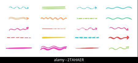 Collection of strikethrough multi colored underlines. different doodle colorful dotted and wavy lines emphasis. Horizontal hand drawn marker stripes, Stock Vector