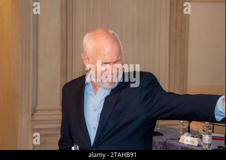 Turin (Italy) 03/31/2016 A particular expression of Steve MCCurry during the press conference for the presentation of the exhibition at the Reggia di Stock Photo