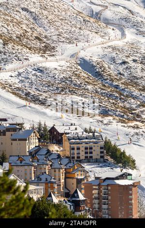 aerial view Town of Pradollano ski resort in Spain in Sierra Nevada Stock Photo