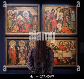 London, UK. 1st Dec, 2023. Sotheby’s Old Masters & 19th Century paintings evening auction includes a rediscovered Rembrandt. The sale takes place on 6 December 2023. Highlights include: Golden Altarpiece from Germany, 1416-20, depicting scenes from the Life of Mary Magdalene, Saints & Kings (Master of the Hildesheim Magdalene Legend, also known as the Master of the Goettingen Barefoot Altar). Estimate £500,000 - £700,000. Credit: Malcolm Park/Alamy Live News Stock Photo