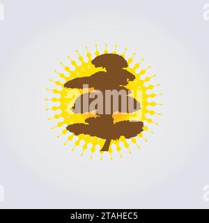 Tree Topiary and Sun Icon Logo Design - Nature, Asia Peace Symbol, Garden Brown and Yellow Colors Stock Vector