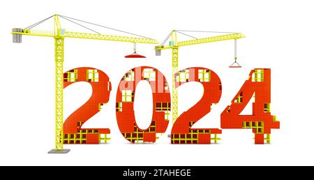 Two tower cranes building a volumetric figure of 2024. 3d render. Stock Photo