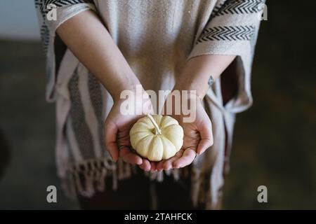 hands holding mini yellow pumpkin for fall season Stock Photo