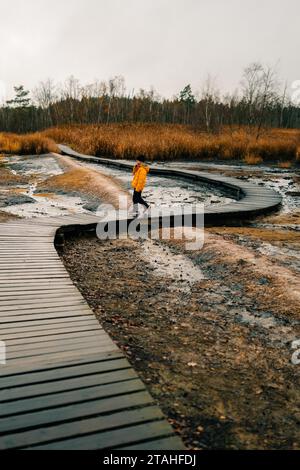 Wooden path through swamps and smoking earth, Frantiskovy Lazne, SOOS Stock Photo