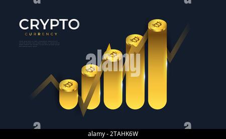 Bitcoin Cryptocurrency Growth Illustration with Chart Isolated on Blue Background. Virtual Currency Background. Digital Money Vector Illustration Stock Vector