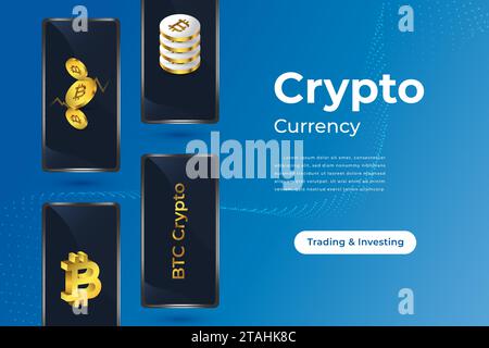 Bitcoin Cryptocurrency with Smartphone Isolated on Blue Background. Bitcoin Crytpo on Mobile. Digital Money Vector Illustration Stock Vector