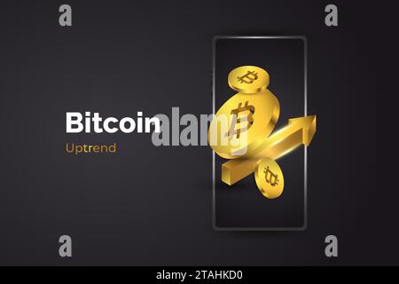 Golden Bitcoin Come Out From Smartphone Isolated on Black Background. Bitcoin Crypto on Mobile Stock Vector