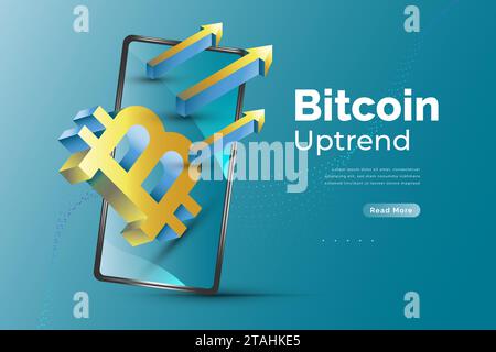 Bitcoin Cryptocurrency on Mobile. 3D Bitcoin Illustration with Smartphone Isolated on Blue Background Stock Vector