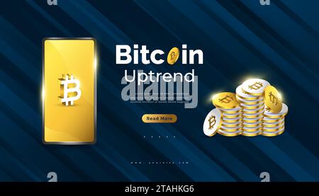 Bitcoin Cryptocurrency Banner Design with Pile of Gold Bitcoin and Smartphone. Digital Currency Background Stock Vector