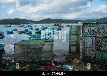 vietnamese basket boats in Cu Mong lagoon, Phu Yen/Vietnam Stock Photo