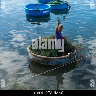 vietnamese basket boats in Cu Mong lagoon, Phu Yen/Vietnam Stock Photo