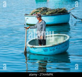 vietnamese basket boats in Cu Mong lagoon, Phu Yen/Vietnam Stock Photo