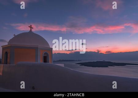 Panoramic view on the caldera at dusk, Santorini Stock Photo