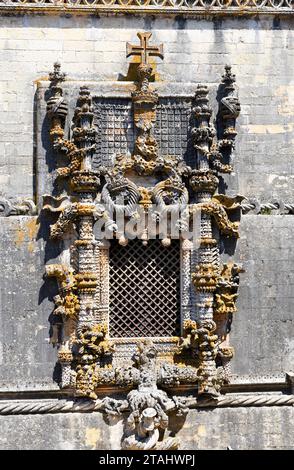 Tomar city, Convent of Christ (romanesque, gothic, manueline and renaissance, 12-16th century). Chapterhouse window of the manueline nave (Diogo de Ar Stock Photo