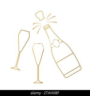 golden champagne bottle explosion and glasses line icon; cheers, wedding, party, celebration of New Year's Eve- vector illustration Stock Vector