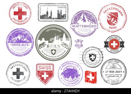 Switzerland shabby rubber stamp set, swiss cities and Alps badges, labels and symbols, emblems and flags, vector Stock Vector