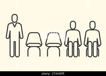 Waiting room icon, row of chairs and men sitting and standing in queue, vector Stock Vector