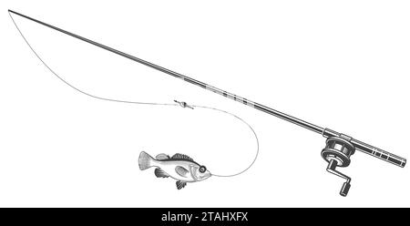 Fishing rod with reel, straight spinning and biting fish, fisher emblem, vector Stock Vector