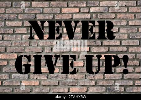 Positive think concept. Never give up quote on the building orange brick facing background. Stock Photo