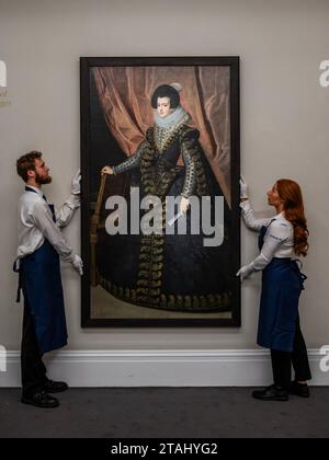 London, UK. 1st Dec, 2023. Diego Rodríguez de Silva y Velázquez, Portrait of Isabel de Borbon, est $35m to be sold in New York in February 2024 - A preview of the Old masters sales at Sotheby's London. Credit: Guy Bell/Alamy Live News Stock Photo
