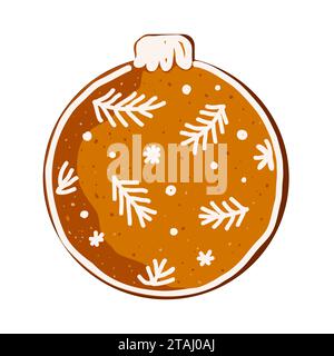 Christmas gingerbread ball cookie with floral icing decoration. Xmas pastry isolated on white background, vector illustration Stock Vector