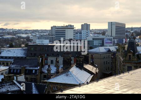 Bradford, UK 11 30 2023 - Winter skyline of the centre of Bradford, with the Science and Media Museum in the centre. Bradford is preparing for city of Stock Photo