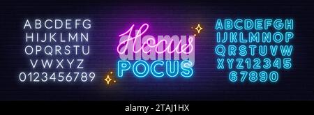 Hocus Pocus  neon lettering on brick wall background Stock Vector