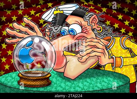 Concept art, fortune teller looking into crystal ball containing Apple logo, trying to foretell the future of technology, IT, Apple's financial future Stock Photo