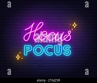 Hocus Pocus neon lettering on brick wall background Stock Vector