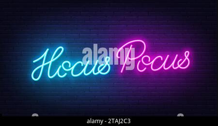 Hocus Pocus  neon lettering on brick wall background Stock Vector