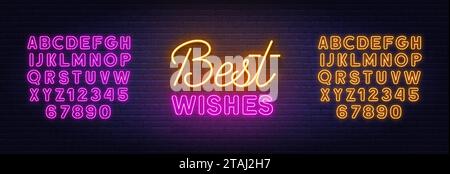 Best Wishes neon lettering on brick wall background. Stock Vector