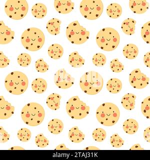 Cute smiling cookie seamless pattern. American biscuit with chocolate and pink cheeks. Stock Vector