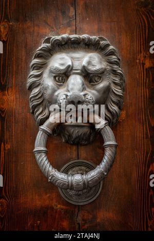 Closeup of a large, metal door knocker  in the shape of a lion's head and teeth on a grainy wooden door in Florence, Tuscany, Italy Stock Photo