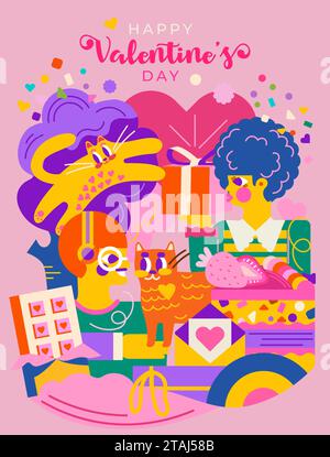 Cute illustration for Valentine's Day. Design with a couple in love surrounded by hearts, playful cats, gifts and sweets. Stock Vector