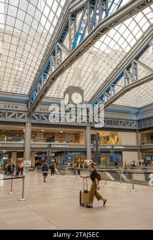 New York, NY, US-September 9, 2023-Daniel Patrick Moynihan Train Hall, an expansion of New York City's Pennsylvania Station is a busy waiting area wit Stock Photo