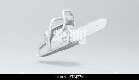 White Chainsaw on a Soft Gray Studio Background. Monochrome. Perspective view. Minimal Concept. 3D Render. Stock Photo