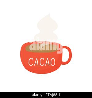 Hot cacao flat illustration in red cup with inscription. Coffee or hot chocolate mug. Stock Vector