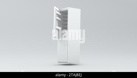 White Empty Refrigerator With One Open Door on a Soft Gray Studio Background. Perspective view. Monochrome. Minimal Concept. 3D Render. Stock Photo