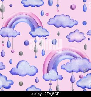 A stitched rainbow with clouds and raindrops hanging from ropes in blue, purple and pink. Childish cute hand drawn watercolor illustration. Seamless Stock Photo