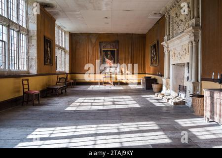 Great hall at Wolfeton House, Dorset, England, UK. Used as a cow byre by tenant farmers in 18th century. Stock Photo