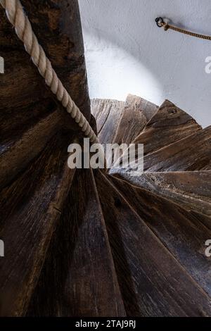 Spiral oak staircase dating from 15th century at Wolfeton House, Dorset, England, UK. Stock Photo