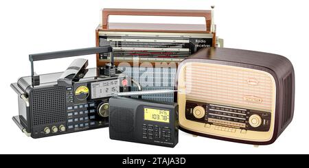 Vintage radio and modern digital radio receiver. Evolution of radio, concept. 3D rendering isolated on white background Stock Photo