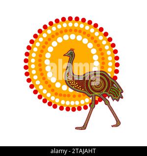 Ostrich and sun in decorative ethnic style.Aboriginal styled emu.Australia aboriginal traditional culture art style of dot.Aboriginal tribal art craft Stock Vector