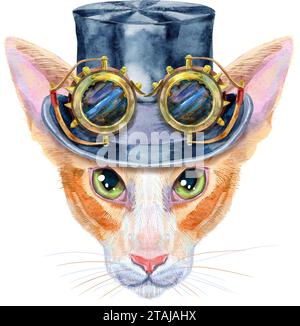 Cute oriental cat in steampunk hat with googles. Cat for t-shirt graphics. Watercolor Somali cat breed illustration Stock Photo