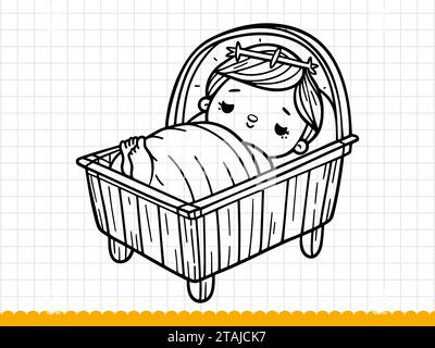 Black line art baby Jesus sleeping in manger. Vector illustration. Stock Vector