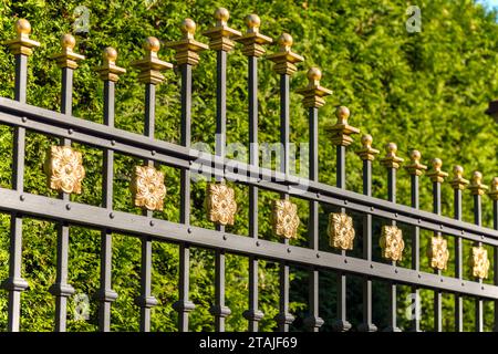 Beautiful decorative cast metal wrought fence with artistic forging. Iron guardrail close up. Stock Photo