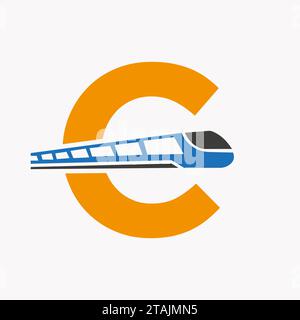 Train Logo On Letter C, Express Symbol Vector Template Stock Vector