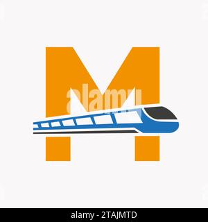 Train Logo On Letter M, Express Symbol Vector Template Stock Vector