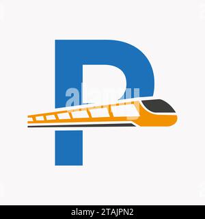 Train Logo On Letter P, Express Symbol Vector Template Stock Vector